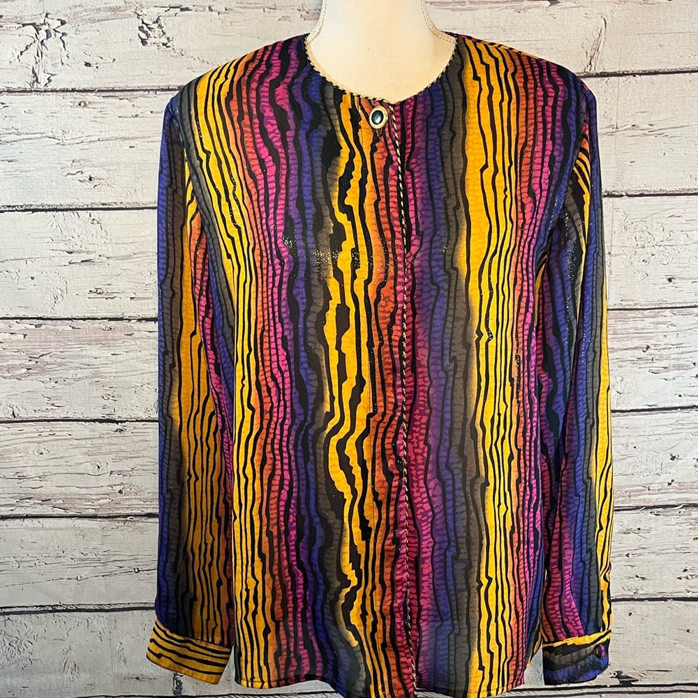 JORDAN Vintage 80's Blouse Colorful Wavy Stripes with Gold Braided Trim-Large